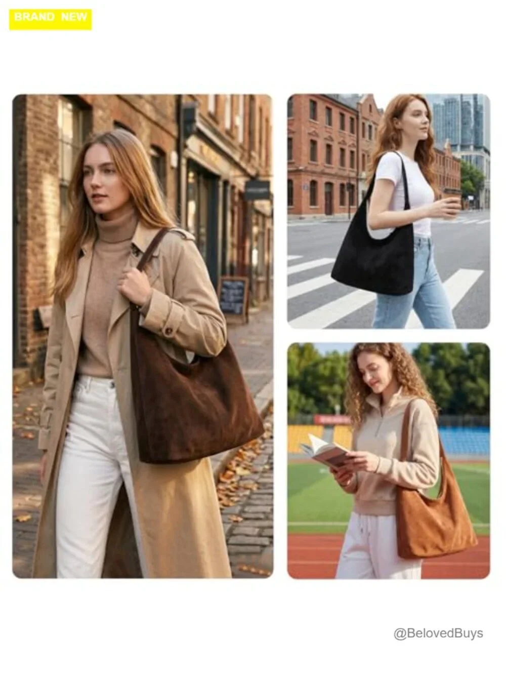 Faux Suede Slouchy Hobo Bag with Removable Pouch